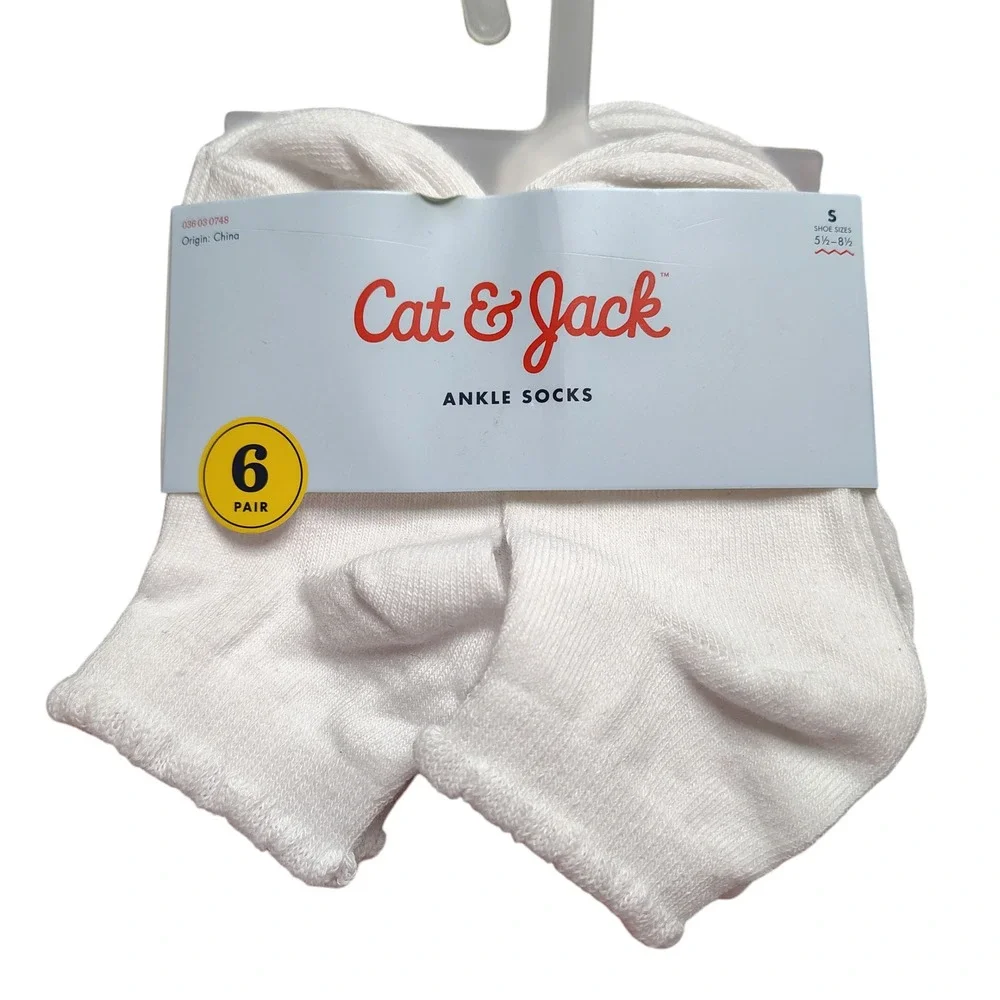 Cat & Jack Girls White Ankle Socks Size Small 5.5-8.5 6‎ Pair Pack NEW